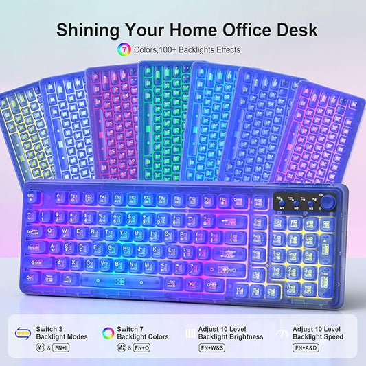 Wireless Light Up Keyboard and Mouse,Cute 2.4Ghz Cordless Rechargeable Clear Transparent Backlit Keyboard,15 Backlight Effects,Volume Knob,RGB Mouse with 3 DPI for Mac Computer PC Laptop Desktop-Blue