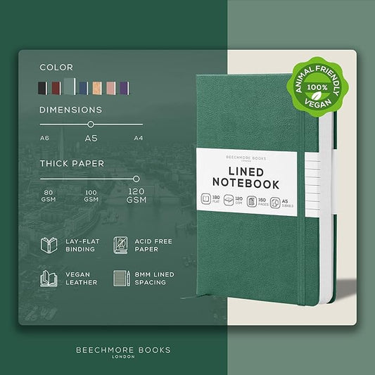 BEECHMORE BOOKS Lined Journal Notebook, 5.8 x 8.3 inch, A5 160 Lined Pages, Hardcover Leather Journals for Women, Men, Writing and Notebooks for Work - 120 GSM Thick Paper, Gifts Box Included