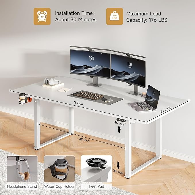 71x32 Inch Adjustable Standing Desk with 4 Legs, Stand-up Desk Features a Spacious Rectangular Top, Dual-Motor Lift, and Memory Presets (28-46Inch) for Home Offices or Computer Workstations, White