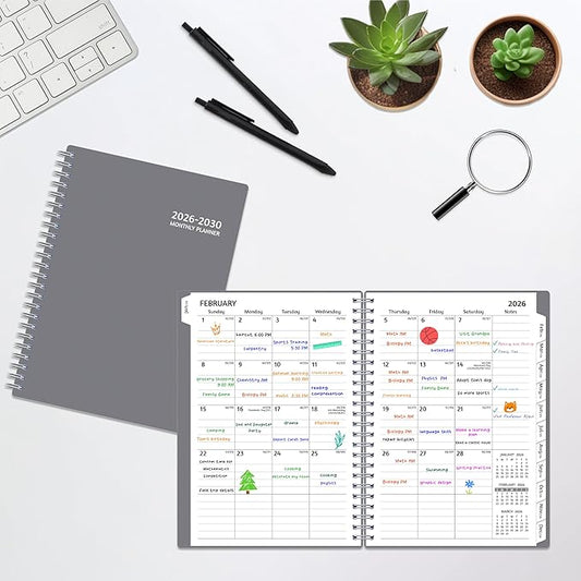 Monthly Planner 2026-2030, 5-Year Calendar Planner 2026-2030, Jan 2026 – Dec 2030, 6.2 x 8.4 In, Ruled Spread, Flexible Cover, Spiral Wirebound, Pocket, 60 Coated Monthly Tabs, Notes & Habit Tracker
