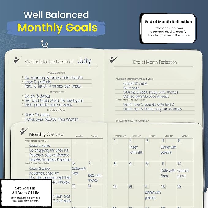 Undated Planner - 90 Day Guided Journal, 2025 2026 Weekly Organization, Productivity Habit Tracker, Inspirational, Life Setting, Navy Blue Leather, Almond Pages