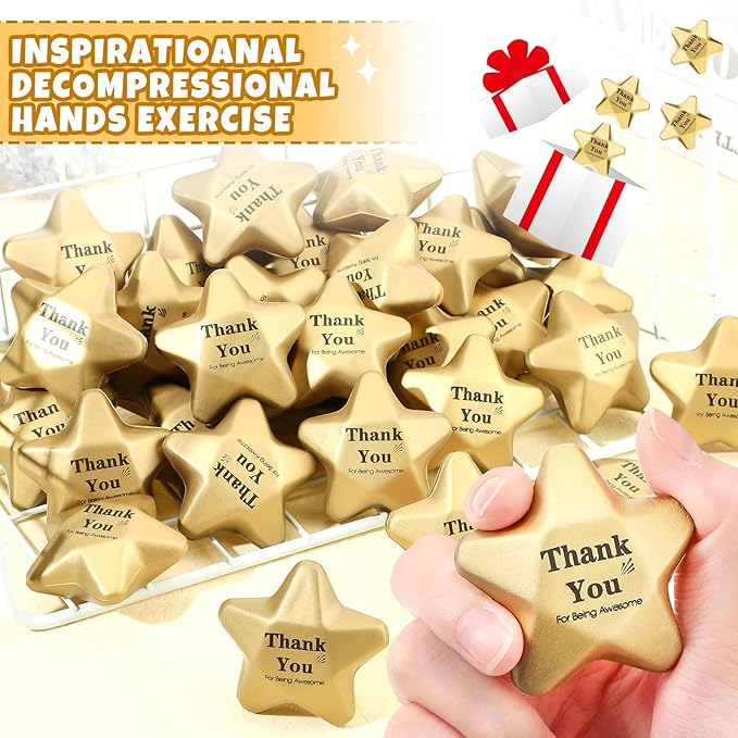 Deekin 36 Pieces Star Stress Balls Mini Foam Ball Stress Relief Toys for Teens and Adults Student Bag Fillers, Gold(Thank You,1.6 Inch)