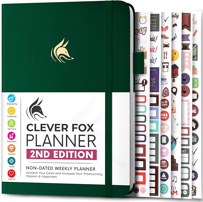 Clever Fox Planner 2nd Edition – Colorful Weekly & Monthly Goal Planner, Time Management & Productivity Organizer, Undated, A5 (Forest Green)