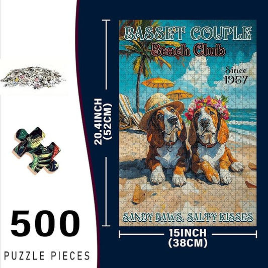 500 Piece Wooden Jigsaw Puzzle Basset Hound Dog Basset Couple for The Soul for Adults & Kids Challenging Family Activity with Stress Relief & Focus Training 20.4x15 Inch