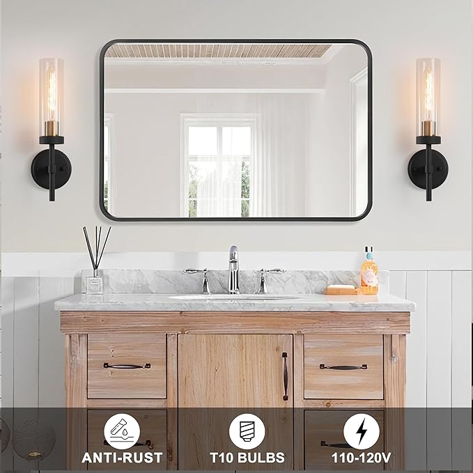 Wall Sconces Set of Two,Black Gold Bathroom Sconces Wall Lighting with Clear Glass, Modern Sconces Wall Decor Set of 2 Wall Light fixtures for Bathroom Mirror Living Room Hallway Bedroom Wall Lamp