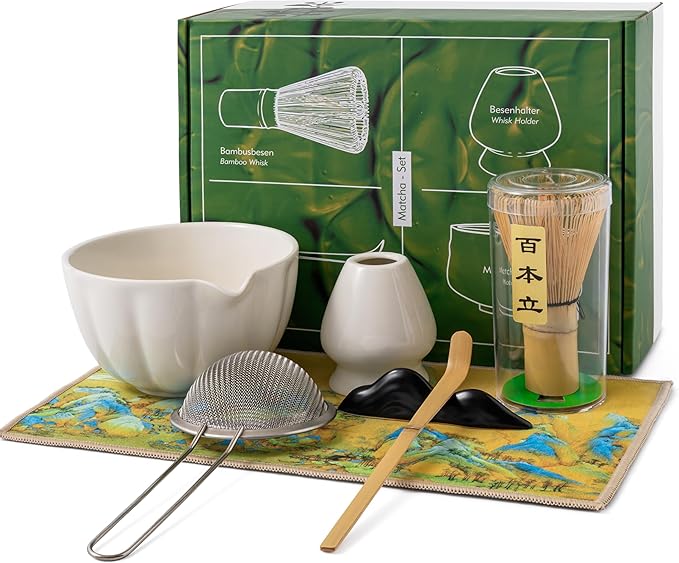 Matcha Whisk Set – 7 Pcs Japanese Matcha Kit, Bowl (Chawan) with Spout, Bamboo Whisk (Chasen) & Holder, Scoop (Chashaku), Sifter, Tea Towel – Perfect for Matcha Lovers & Tea Ceremony (White)