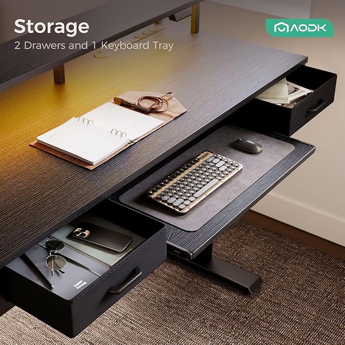 AODK Electric Standing Desk with Drawers & Keyboard Tray, 55 Inch Height Adjustable Desk with Power Outlets & LED Lights, Sit Stand Table with Monitor Stand for Home, Office, Black