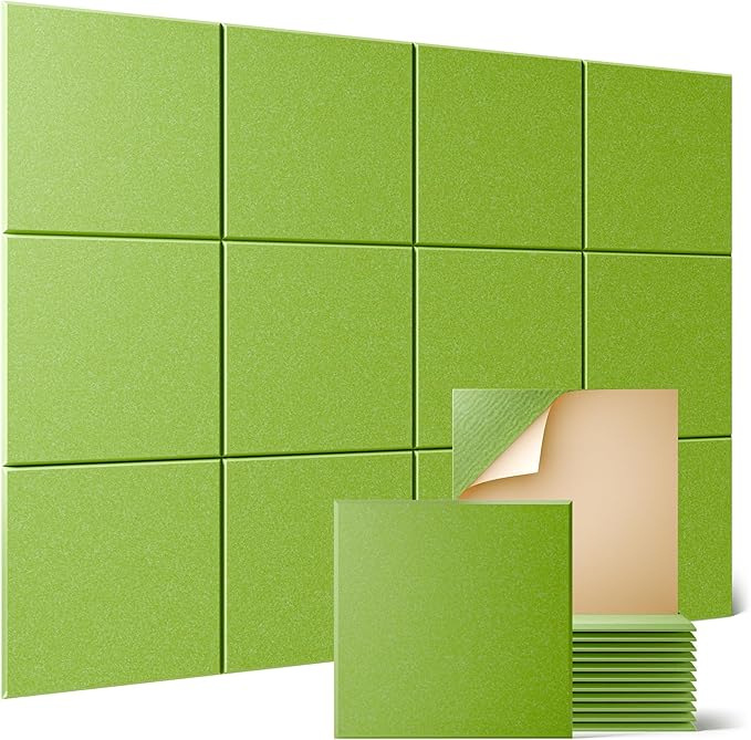 Sonicism 12 Pack Acoustic Wall Panels with Self-Adhesive, 12" X 12" X 0.4" Sound Proof Foam Panels, Decorative Soundproof Wall Panels, Sound Proof Absorbing Tiles for Home & Offices, Light Green