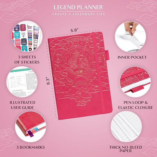 Legend Planner Daily for 3 Months – Undated Monthly Weekly & Daily Planner to Hit Goals. Organizer & Productivity Journal, A5 (Hot Pink)