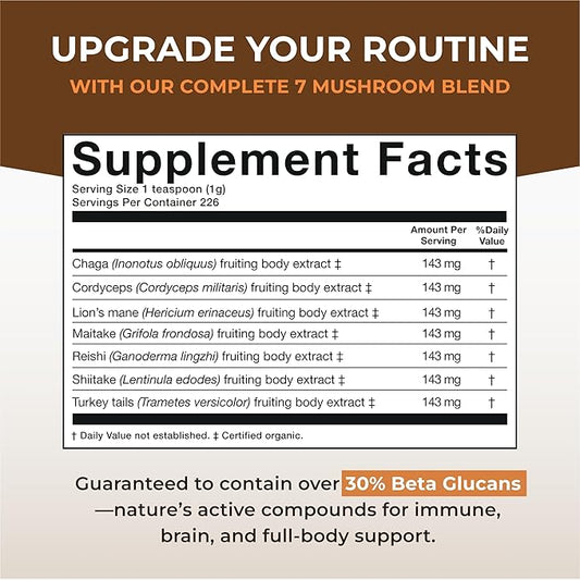 Sacred 7 Mushroom Coffee Booster | Organic Mushroom Supplement Powder – Lions Mane, Reishi, Chaga & More | Adaptogen + Nootropic | 100% Fruiting Bodies | Mix with Coffee,Tea, Smoothies - 226 Servings