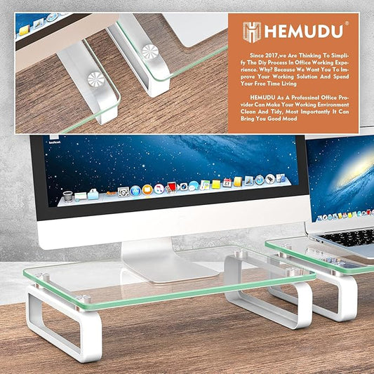 Hemudu 2 Pack Computer Monitor Stand Riser Multi Media Desktop Stand for Flat Screen LCD LED TV, Laptop/Notebook, with Tempered Glass and Metal Legs,HD02T-201