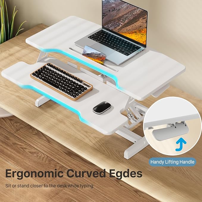 Standing Desk Converter 32 inch, Height Adjustable Sit Stand Desk Riser, Quick Sit to Stand Tabletop Dual Monitor Riser Workstation for Home Office with Keyboard Tray, White