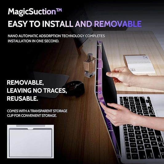 Privacy Screen for MacBook Pro 13 In (2016-2022, M1, M2) & MacBook Air 13 Inch (2018-2021, M1), MagicSuction™ Removable Anti Spy Black Protector, Glare Blue Light Filter for Mac Laptop Computer