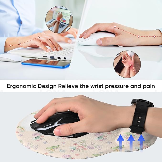 RICHEN Ergonomic Mouse Pad with Wrist Support,Non-Slip Rubber Base for Computer Laptop & Mac,Lightweight Rest for Home,Office & Travel (Pink Flowers Birds)