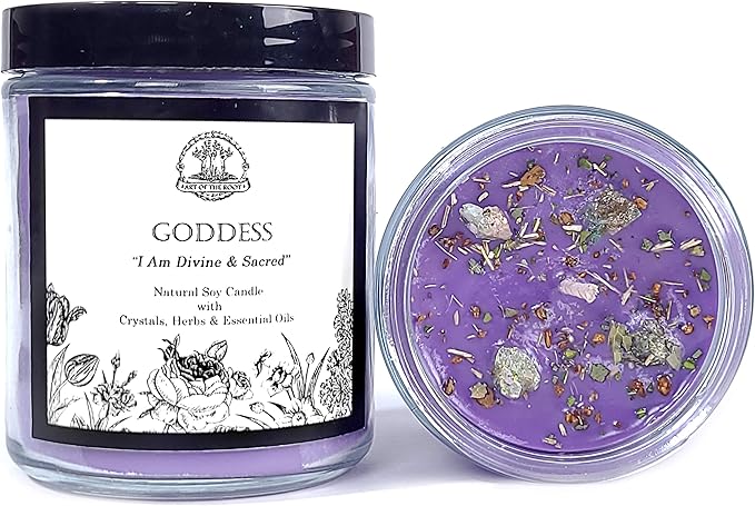 Goddess Affirmation Candle| 9 oz Natural Soy Wax | with Chrysocolla Crystals, Herbs & Essential Oils | Divinity, Wisdom, Power, Admiration Rituals | Wiccan, Pagan, Magick, Spirituality