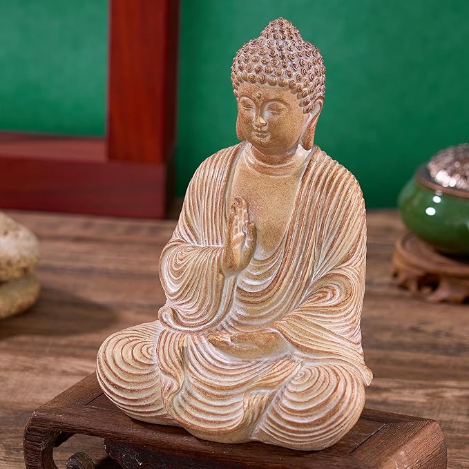 Zen Buddha Statue - Hand Carved Wood Grain Resin Meditation Decor, Feng Shui Ornament for Living Room Desk, Spiritual Space Zen Garden Decoration (Housewarming Gift/Mindfulness Aid, 7.87inch)