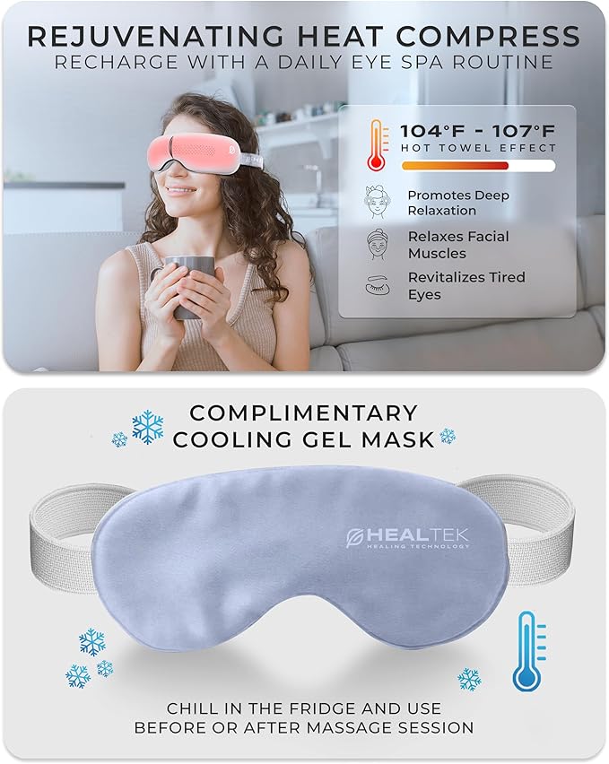 Premium Eye Massager with Heat & Cooling Gel Mask Heated Eye Massager for Migraine w Bluetooth & White Noise Massaging Mask for Tension & Stress Relief, Birthday Gift