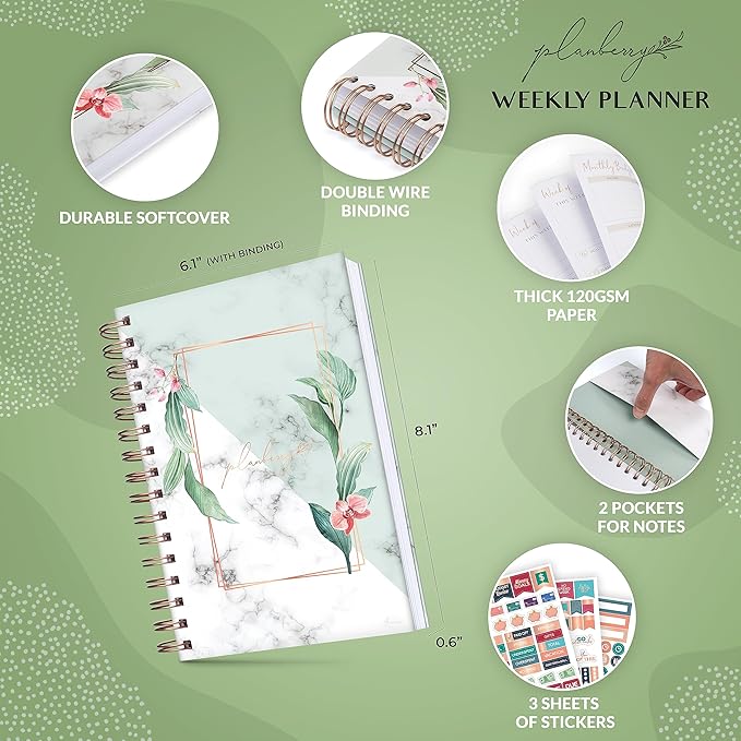 PLANBERRY Weekly Planner – Undated Life Organizer & Budget Planner – Time Management, Goal Setting, To-Do List, Work-Life Balance & Habit Tracker – 6.1″ x 8.1″ (Natural Green)