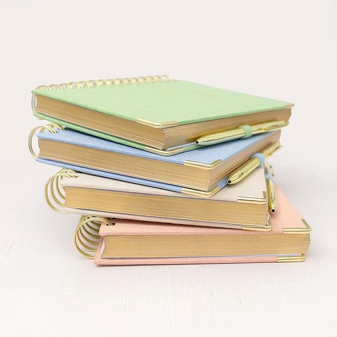 ELYN Lined Spiral Journal, Linen Hardcover Notebook with Matching Gold Gel Pen, 252 Pages, 8.2 in x 6.75 in - 100 GSM Premium Paper, Spiral Notebook for Home, Office, Notes & Gifts, (Linen)