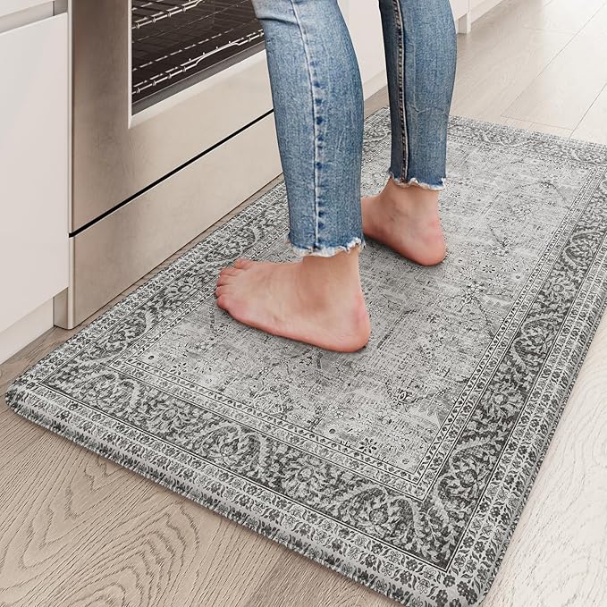KIMODE Anti Fatigue Kitchen Mat,17.3"x29" Cushioned Vintage Grey Kitchen Rugs Non-Slip,Waterproof Wipe Clean Ergonomic Cushioned Comfort Kitchen Sink Standing Mat for Kitchen,Laundry Floor