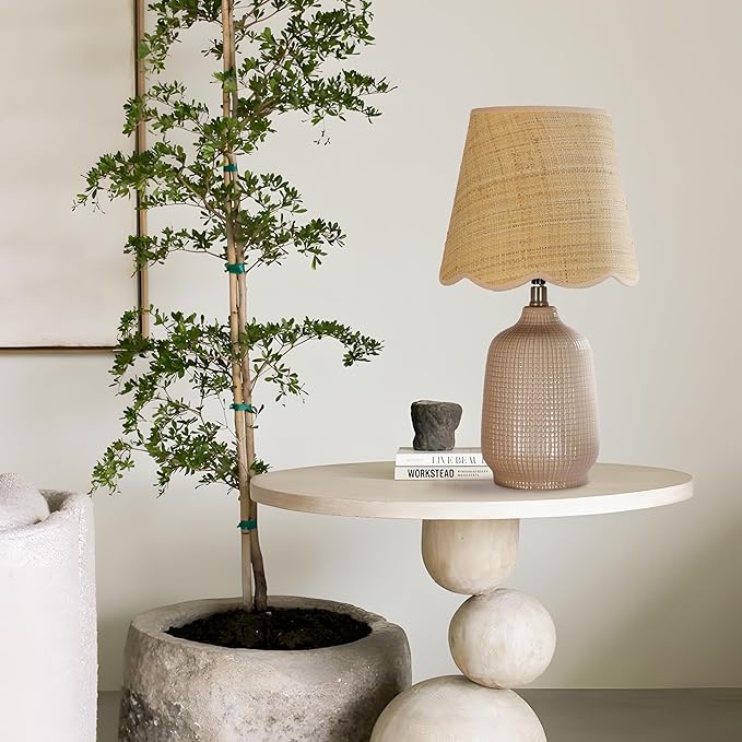 Pia Ricco 19" Modern Ceramic Table Lamp for Living Room Gray Camel Base Desk Lamps for Bedroom Farmhouse Bedside Nightstand Lamp End Table Lamps,Pink,Rattan Shade