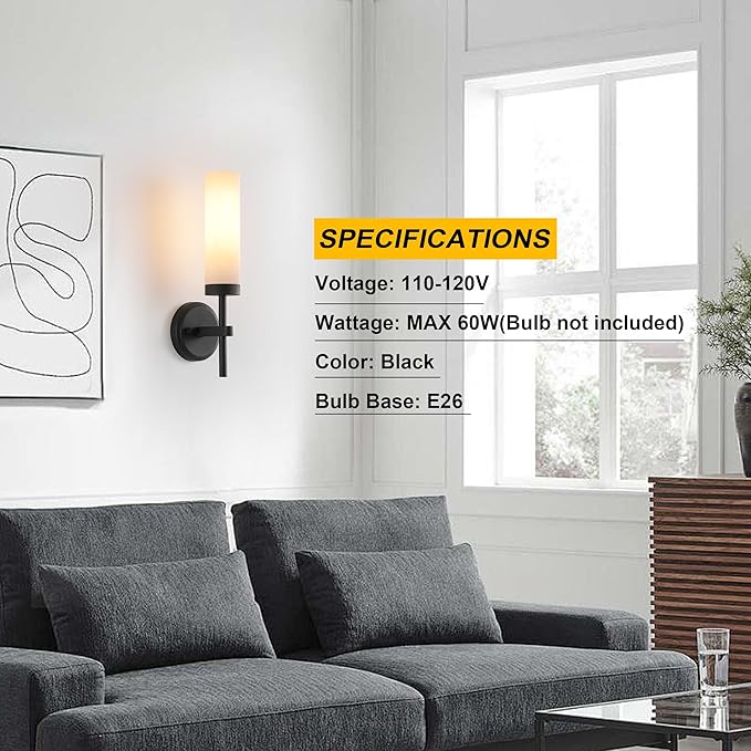 Wall Sconces Set of Two,Matte Black Bathroom Sconces Wall Lighting with White Glass, Modern Sconces Wall Decor Set of 2 Wall Light fixtures for Bathroom Mirror Living Room Hallway Bedroom Wall Lamp