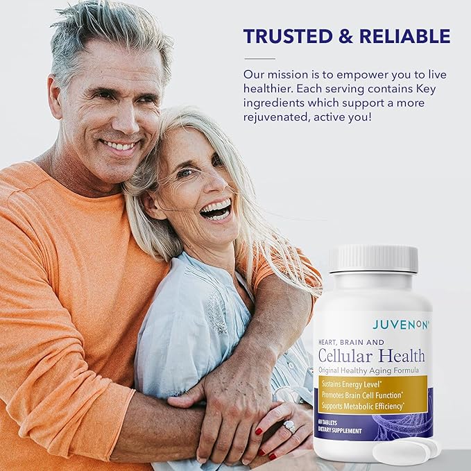 Juvenon Cellular Health | Heart, Brain Supplement with Acetyl L-Carnitine and Biotin - Supports NAD+ Function, Energy Production, Mood, Revitalized Metabolism, Mental Focus & Clarity (60 Tablets)