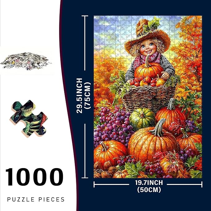 1000 Piece Wooden Puzzle Thanksgiving Day Pumpkins Quick Play Focus Tool for Adults Kids Quiet Play Therapy 29.5x19.7 Inch