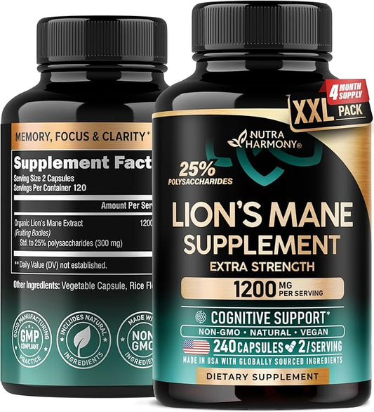 Lions Mane Supplement Capsules - Organic Lions Mane - Made in USA - Fruiting Bodies Extract - 1200 mg, 25% Polysaccharides - Memory & Focus Support - As Lions Powder - 240 Capsules, 4 Month Supply