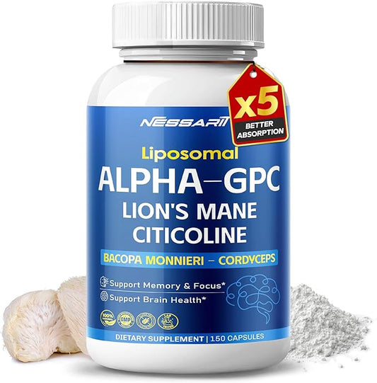 Liposomal Alpha-GPC, Lion’s Mane, Citicoline, Bacopa Monnieri & Cordyceps – Support Memory, Focus & Brain Health – 150 Capsules – Made in USA*