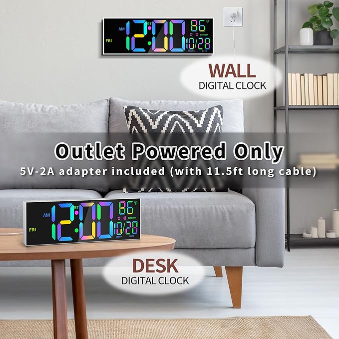 16.5" Large LED Wall Clock with Bluetooth Sync, Night Light, DST, 2 Alarms, RGB Color, Temperature, Remote Control, 12/24H, Timer for Living Room, Bedroom, Desk, Gift for Mother Father Elderly