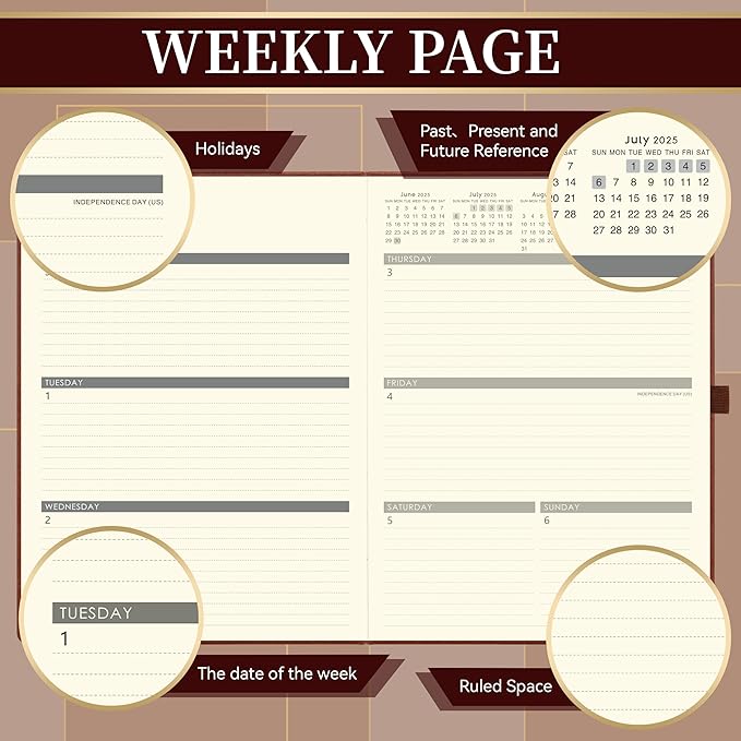 Vondafe 2025-2026 Leather Academic Planner, Weekly Monthly, Jul.2025 - Jun.2026, 9" x 11", Inner Pocket + Elastic Closure + Pen Loop + Bookmarks, Leather Hardcover - Brown