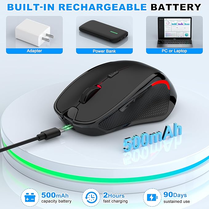 Bluetooth Wireless Computer Mouse, 2.4G Rechargeable Small Ergonomic Optical Mouse Jiggler for Office/Home with Forward/Back Buttons & USB-C/USB-A for Laptop, Desktop, PC, Mac, MacBook - Black