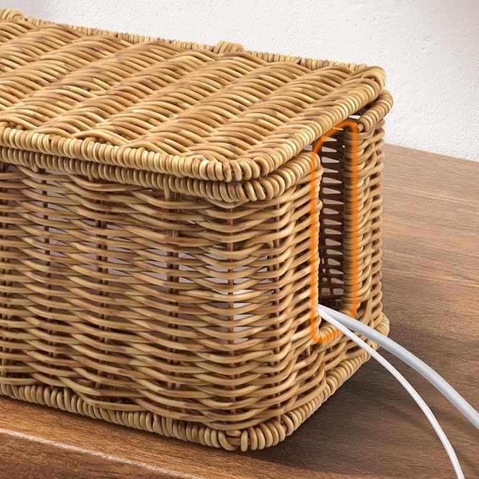 Handmade Cable Management Box – Stylish & Functional Cable Organizer with 2 Open Slots for Home & Office, TV Wires Computer Router USB Hub & Power Strip Rattan Cord Hider Box (Wood Color)