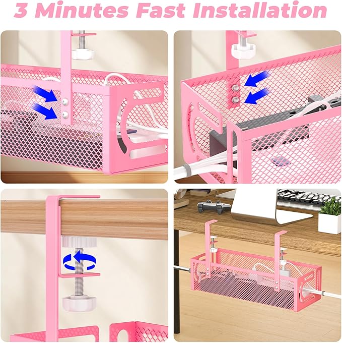 Under Desk Cable Management Tray, 15.7'' No Drill Steel Desk Cable Organizers, Wire Management Tray Cable Management Rack (2 Packs-Pink)