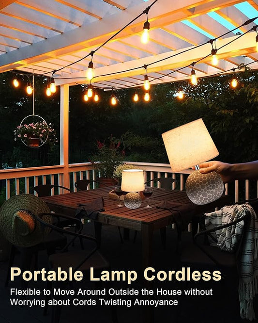 UMEXUS Ceramic Cordless Table Lamp with Timer & Remote - 11.42" Small Rechargeable Battery Operated Lamp with Linen Shade & RGB Dimmable Light for Restaurant Dining Living Bedroom Kitchen Patio Side