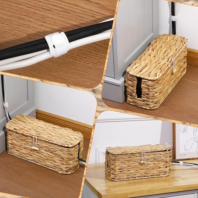 2 Pack Wicker Cable Management Box with Lid, Rattan Cord Organizer Cable Hider Storage Box with 2 Open Slots for Home Office Desk Cord Hider Computer TV Wires USB Hub