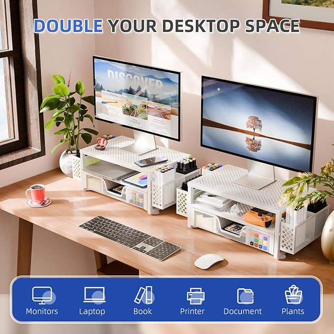 Simple Trending 2 Tier Metal Monitor Stand Monitor riser and Computer Desk Organizer with Drawer and Pen Holder for Laptop, Computer, iMac, White