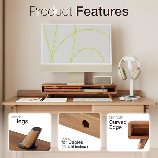 Tinamo Acacia Monitor Stand Riser with Sliding Door - Wooden Monitor Riser for Desk - Computer Monitor Stand for Desk - Multi-Purpose Desktop Storage Stand for Computer; Laptop; TV(24.4 " x 8" x 5")