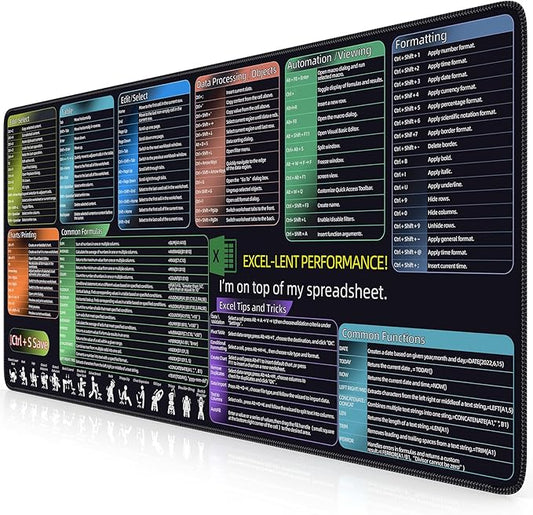 iCasso Excel Cheat Sheet Desk Pad, Excel Mouse Pad Shortcuts, Excell Short Cut Desk Mat, Extended Large XXL Non-Slip Exel Mousepad with Stitched Edges for Computer Keyboard(Colorful)