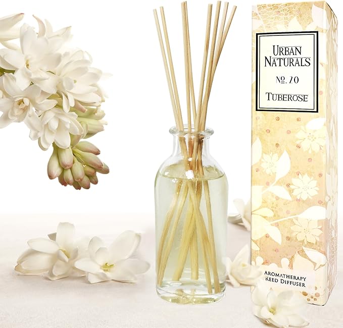 Urban Naturals Tuberose Fragrance Oil Reed Diffuser | Exotic Tuberose and Fragrant Orange Blossom | Floral Room Freshener with Reeds | Vegan. Made in The USA