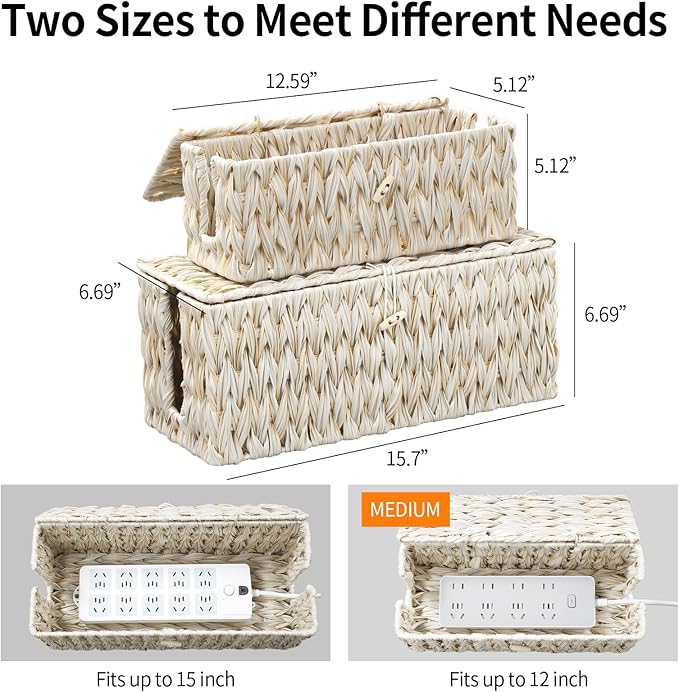 Cable Management Box,Boho Decorative Handwoven 2 Open Slots Cord Organizer Hider Box with Lid for TV Wires, Computer, Router, USB Hub and Under Desk Power Strip
