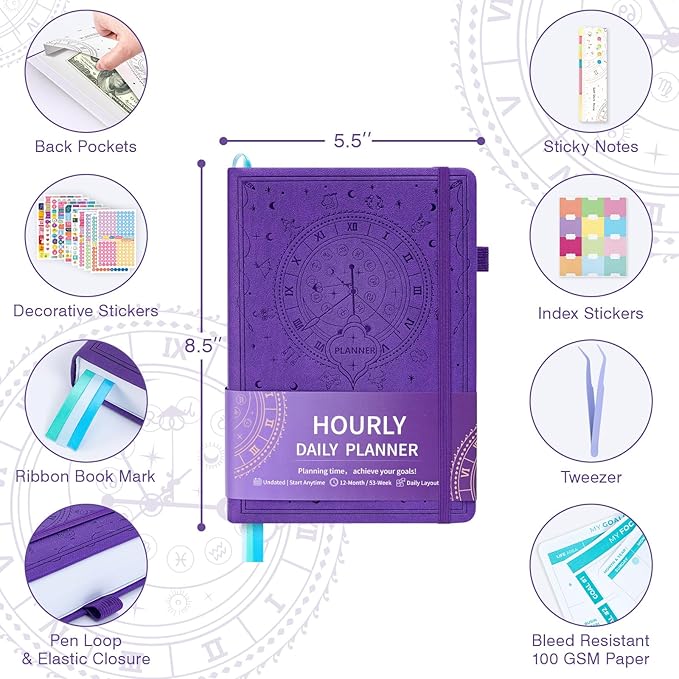 2025-2026 Undated 12 Month Planner Hardcover (5.5x8.5") - Weekly & Monthly Academic Life Organizer, Productivity Journal, Thick Paper, Sticker, Bookmark, Pen Loop(Purple)