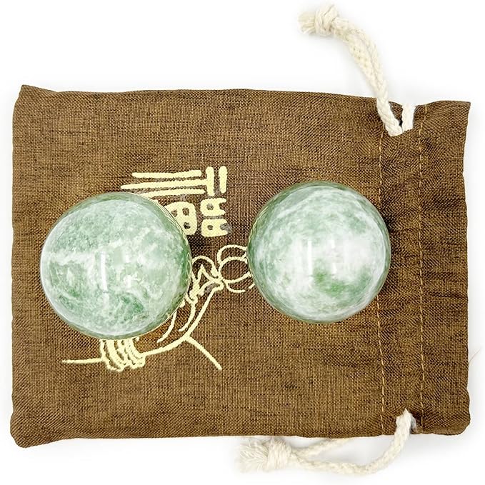 2" Natural Jade Green Baoding Balls with Carry Pouch Hand Balls Healthy Stress Fitness Ball Chinese Fitness Stress Ball Handicraft Collection