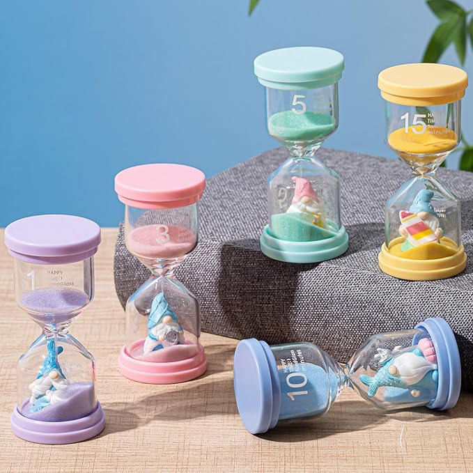 5 Pack Ocean Gnome Sand Timer for Kids Novelty Classroom Hourglass 1/3/5/10/15 Minutes Hour Glass with Sand Summer Clock Timer for Games Home Room Nursery Office Kitchen Desk