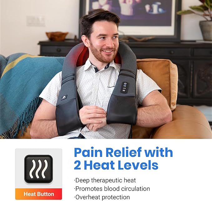 Etekcity Cordless Neck & Back Massager with Heat, Deep Tissue Shiatsu, Rechargeable Shoulder Pain Relief Wearable, 8 Nodes, 3 Intensities, Bi-Directional, 180-Min Battery, Soft PU Leather, Best Gift