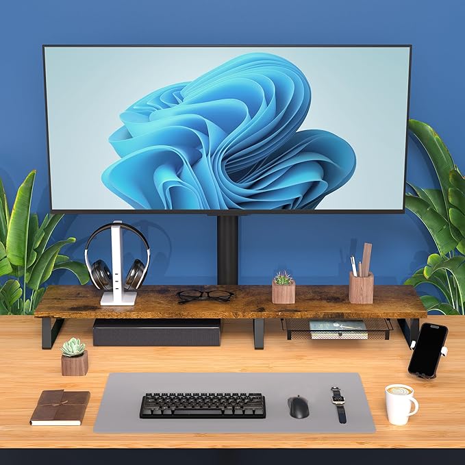 Vintage Wooden Dual Monitor Stand - 2 Monitor Riser with Metal Legs & Drawer, Office Desk Organizer