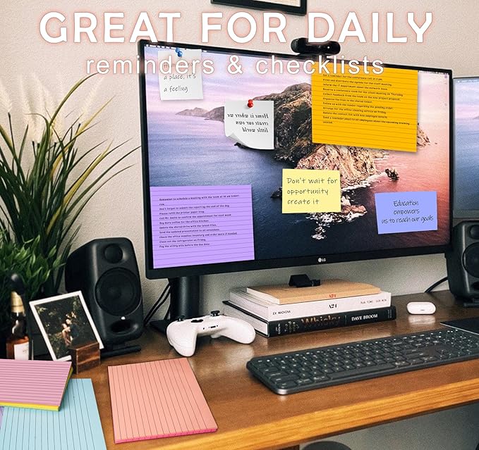 Lined Lined Self Stick 6 x 8 in Post,8 Pack Large Ruled Post Stickies,Ruled Stickies Super Sticking Power Memo Pads Strong Adhesive,Sticky Notes with Lines for Home,Office,School,50 Sheets/pad