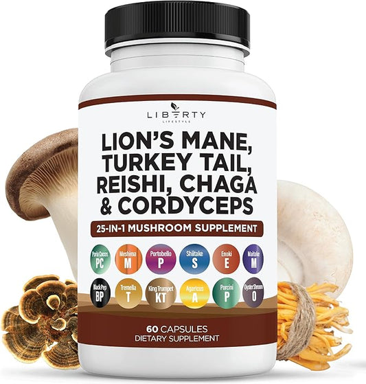 Lions Mane Mushroom Supplement with Turkey Tail Reishi Cordyceps Chaga with Marshmallow Root - 1-Pack
