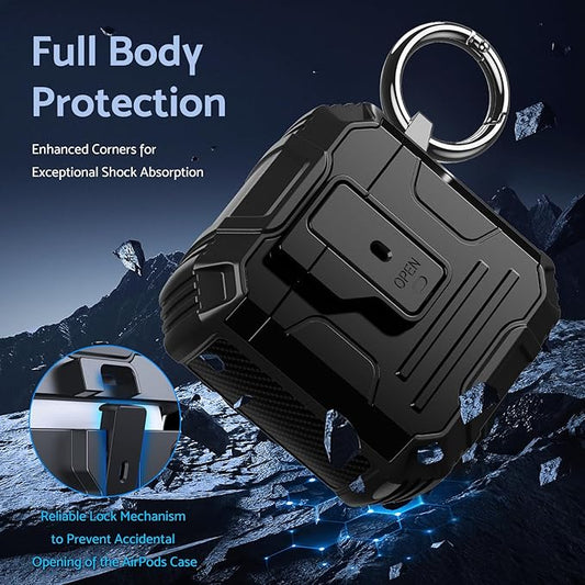DASFOND Armor Cover AirPods 2nd & 1st Generation Case, Military Grade Full Body Shockproof Protection Hard Case, Support Wireless Charging with Keychain, Magnetic Lid, Front LED Visible, Black
